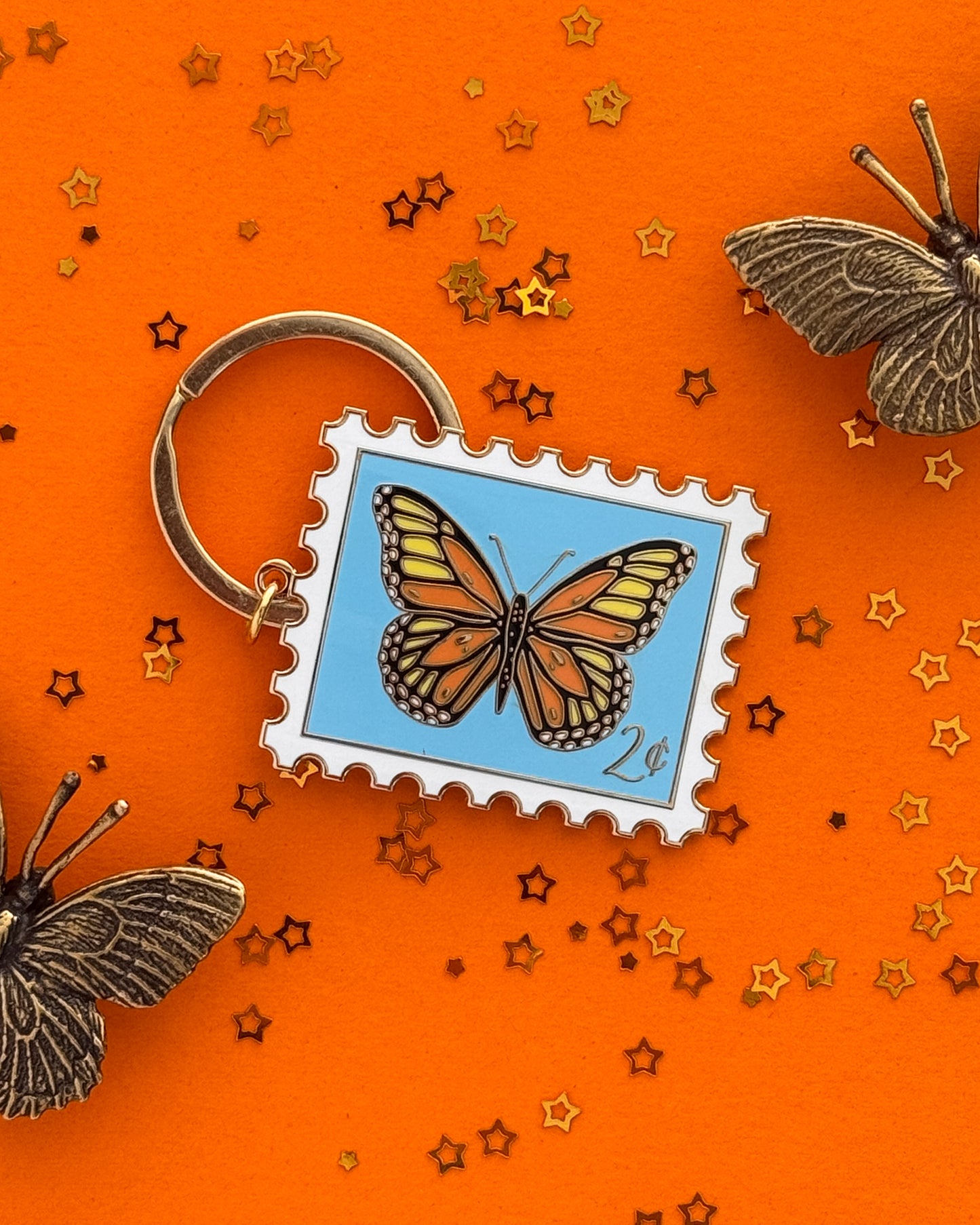 Monarch Postage Stamp Enamel Keychain