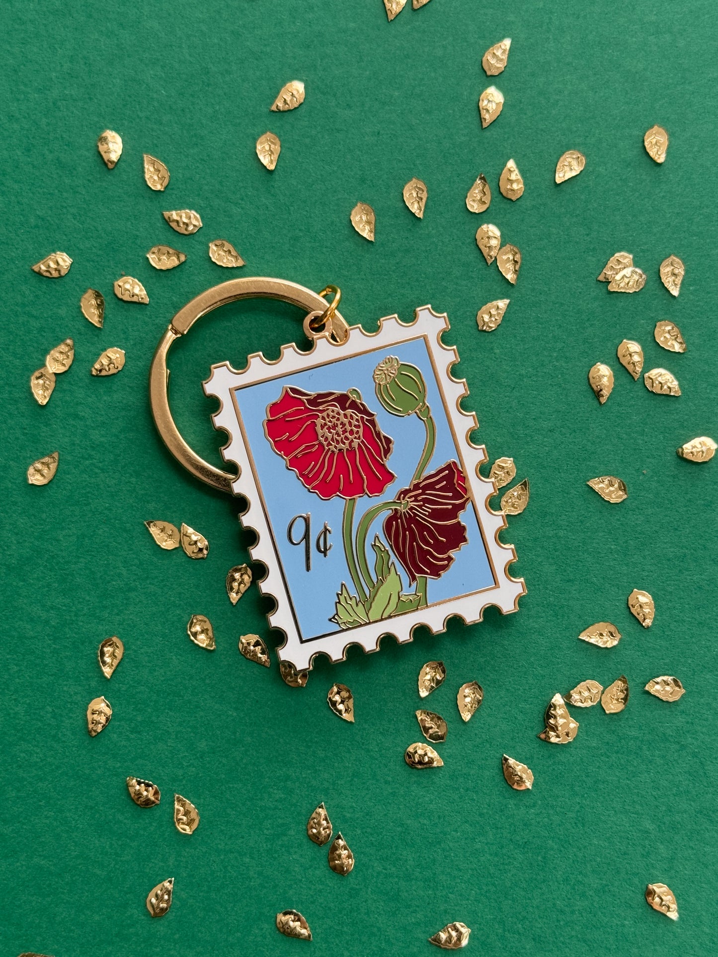 Poppies Postage Stamp Enamel Keychain