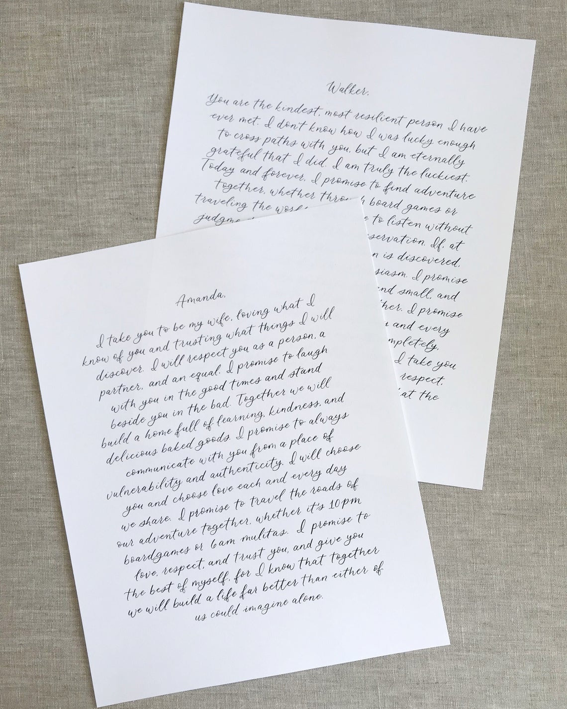 PAIR of Custom Calligraphy Wedding Vows