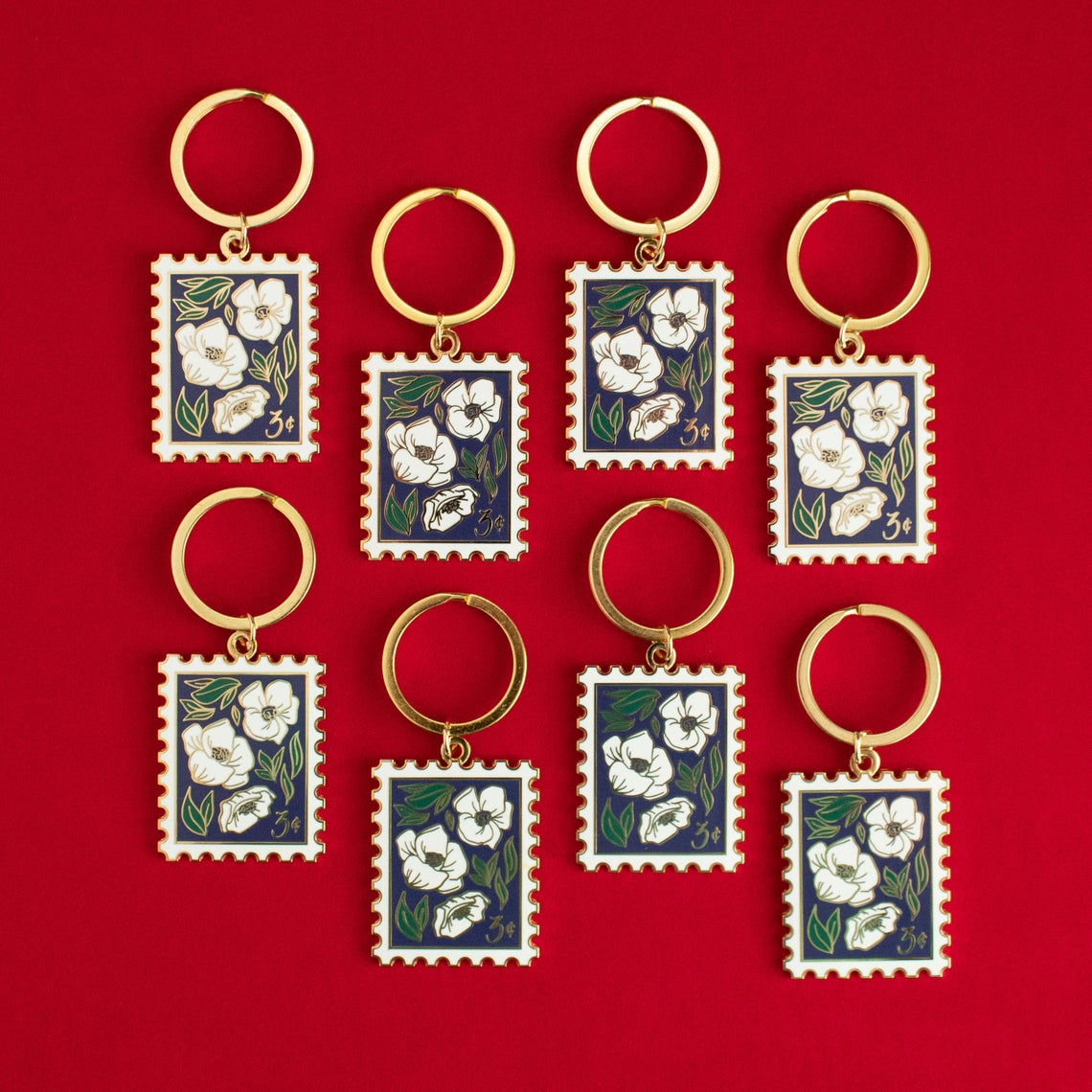 Anemone Postage Stamp Enamel Keychain