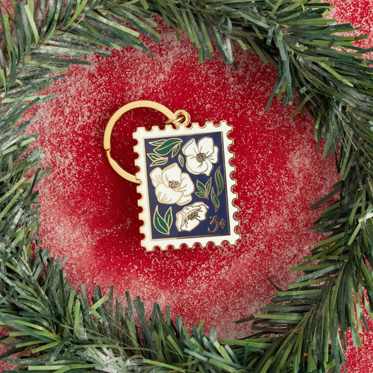 Anemone Postage Stamp Enamel Keychain