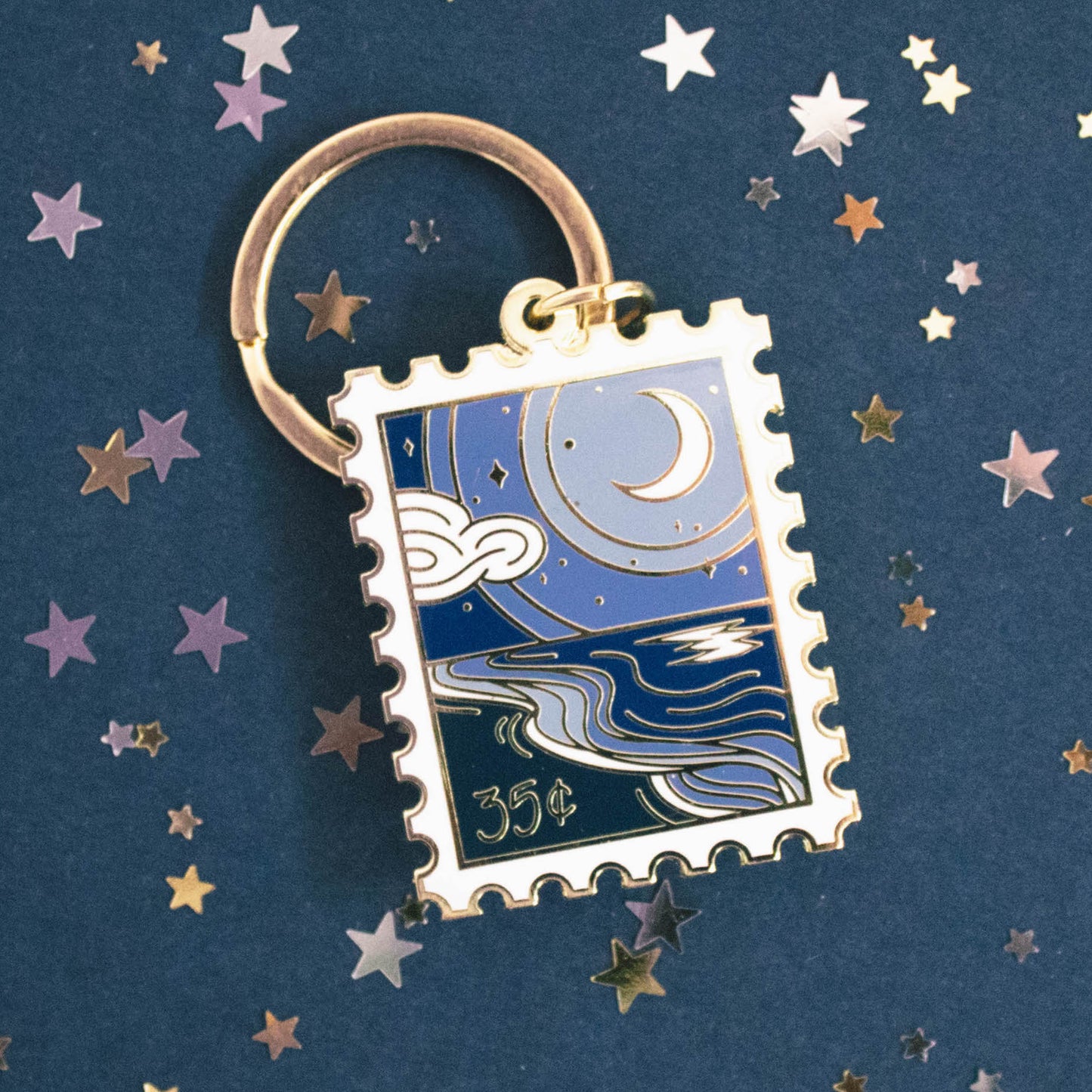 Serene Shore Postage Stamp Enamel Keychain