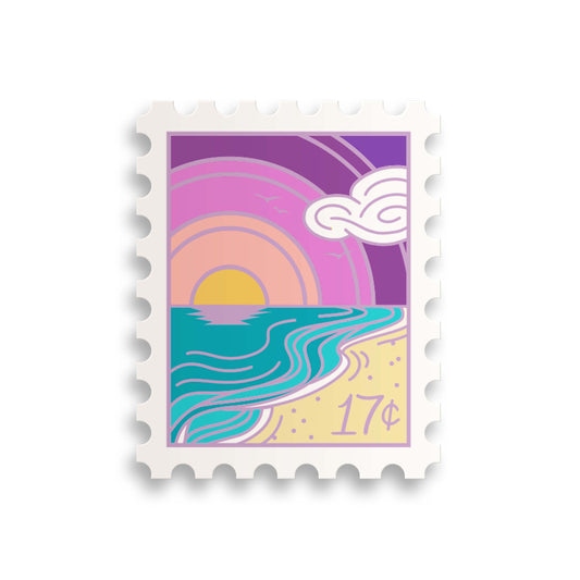 Sunset Shore Postage Stamp Sticker