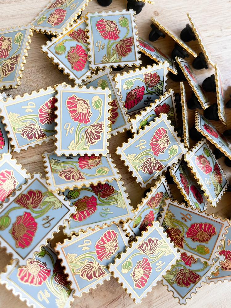 Poppies Postage Stamp Enamel Pin